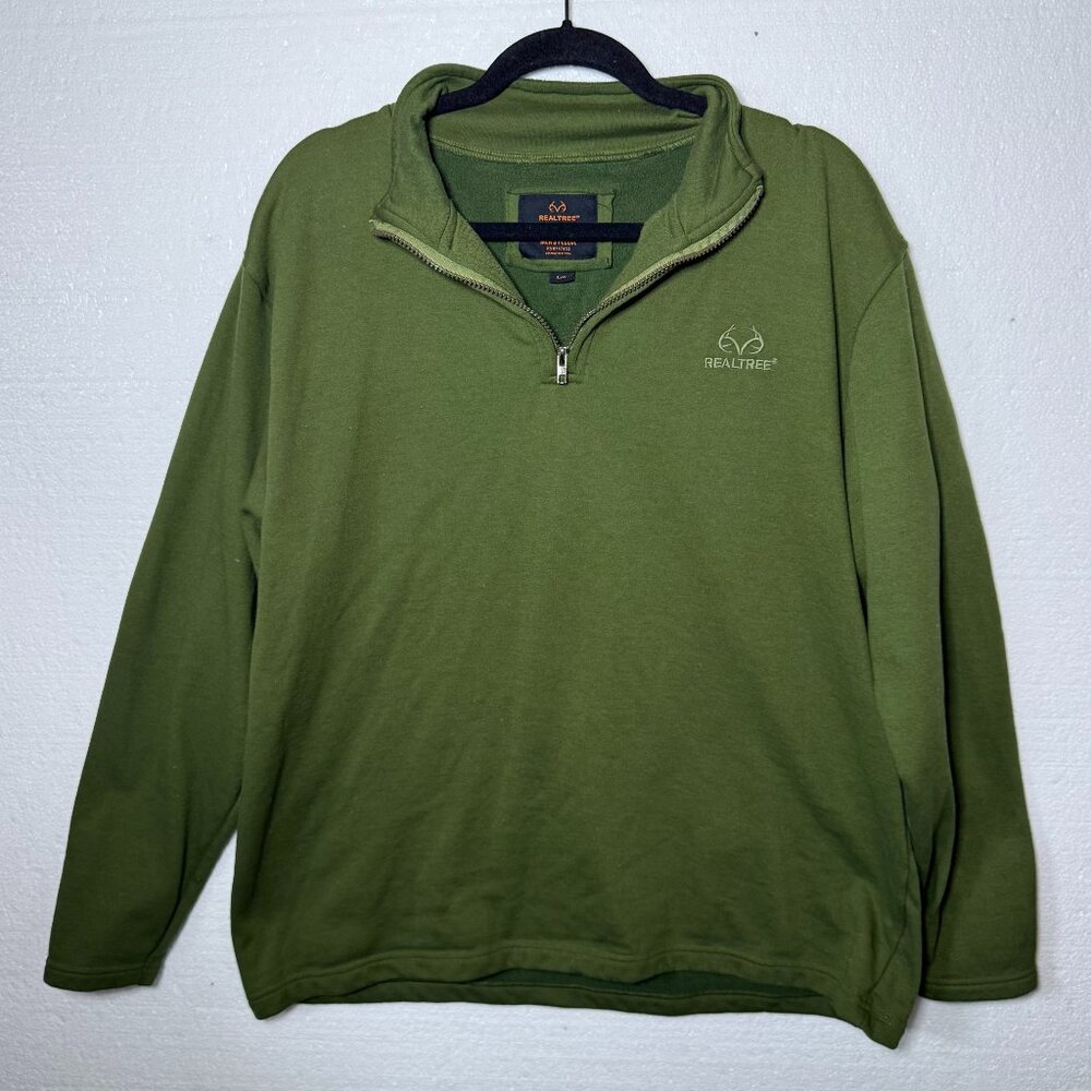 RealTree Mens Size Large Green Fleece Half Zip Pullover Outdoor Logo Casual Hunt